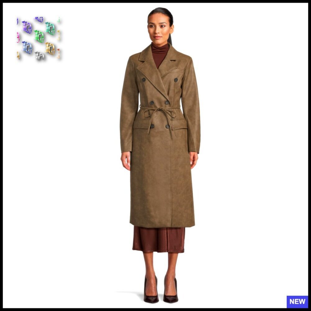 Faux Leather Trench Coat Belted Classic Chic Elegant Double Breasted Long Sleeve